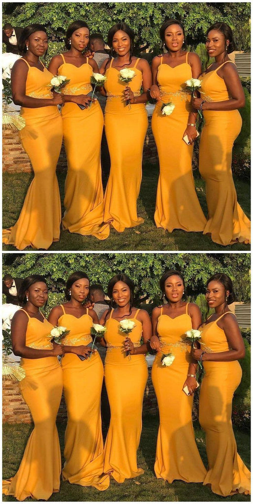 Elegant Yellow Mermaid Sweetheart Spaghetti Straps Sleeveless Cheap Popular Long Wedding Party Bridesmaid Dresses Online, CP247