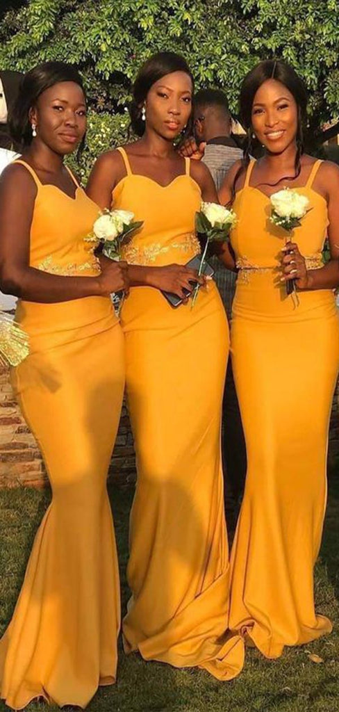 Elegant Yellow Mermaid Sweetheart Spaghetti Straps Sleeveless Cheap Popular Long Wedding Party Bridesmaid Dresses Online, CP247