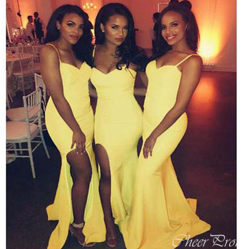 Sexy Yellow Mermaid V Neck Spaghetti Straps Cheap Long Bridesmaid Dresses Online,CP29