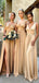 Champagne Gold A-Line V Neck Side Slit Sexy Cheap Bridesmaid Dresses,CP02