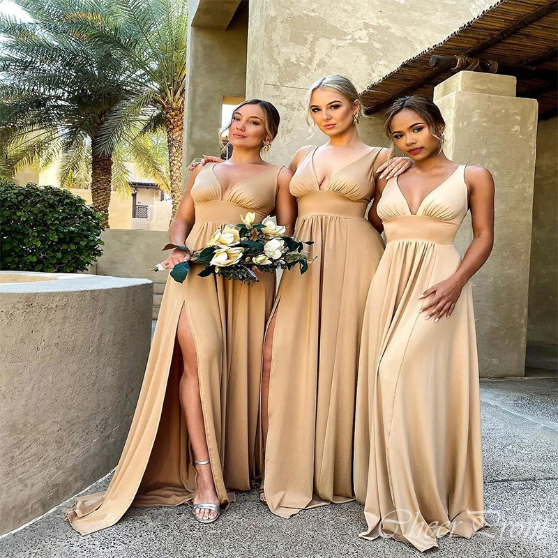 Champagne Gold A-Line V Neck Side Slit Sexy Cheap Bridesmaid Dresses,CP02