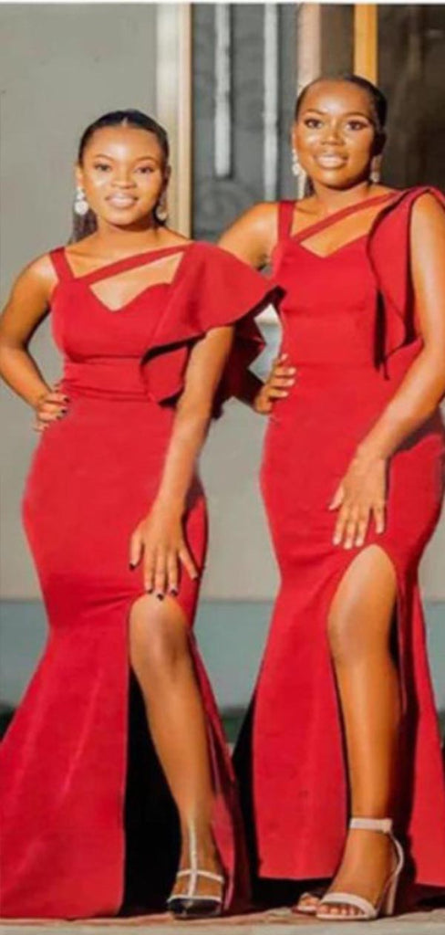 Unique Red Mermaid Side Slit Sleeveless Cheap Popular Long Wedding Party Bridesmaid Dresses Online, CP249