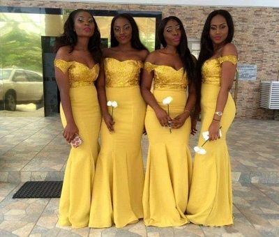 Elegant Yellow Mermaid Sweetheart Off Shoulder Sequin Cheap Popular Long Wedding Party Bridesmaid Dresses Online, CP250