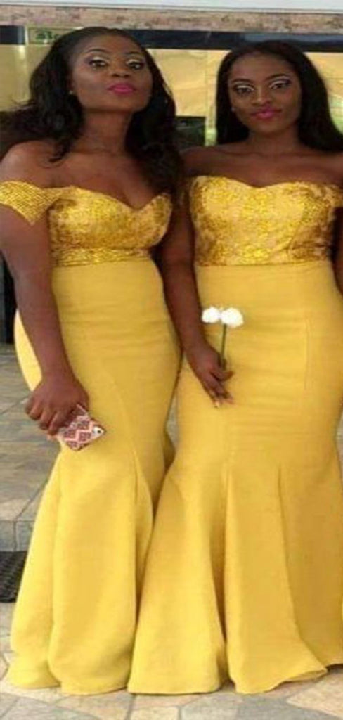 Elegant Yellow Mermaid Sweetheart Off Shoulder Sequin Cheap Popular Long Wedding Party Bridesmaid Dresses Online, CP250