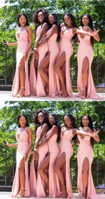 Sexy Pink Mermaid Spaghetti Straps V Neck Side Slit Cheap Popular Long Wedding Party Bridesmaid Dresses Online, CP253