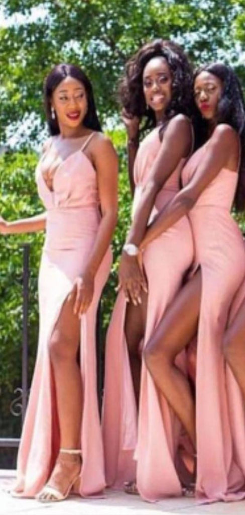 Sexy Pink Mermaid Spaghetti Straps V Neck Side Slit Cheap Popular Long Wedding Party Bridesmaid Dresses Online, CP253