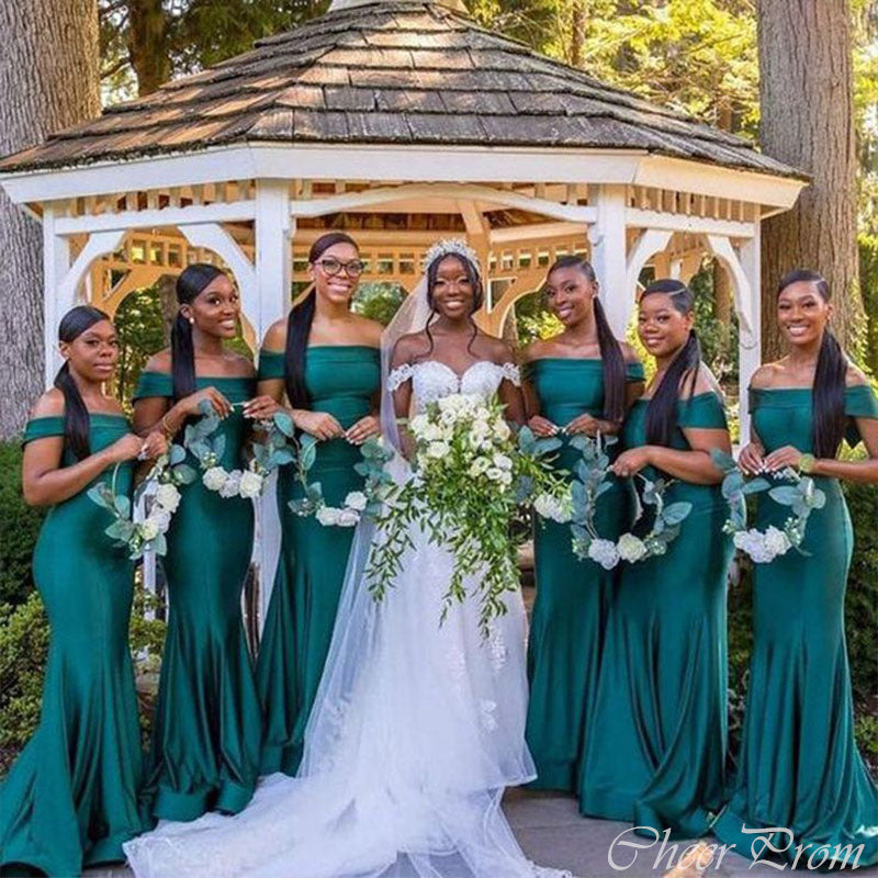 Charming Green Mermaid Off Shoulder Cheap Popular Long Wedding Party Bridesmaid Dresses Online, CP254