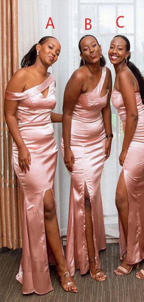 Mismatched Pink Mermaid Side Slit Cheap Popular Long Wedding Party Bridesmaid Dresses Online, CP255