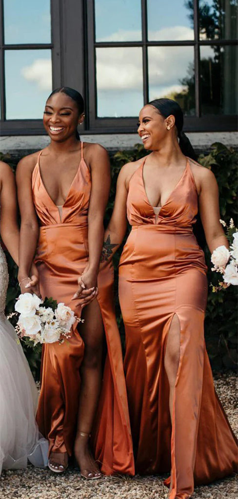 Charming Mermaid Spaghetti Straps V Neck Side Slit Cheap Popular Long Wedding Party Bridesmaid Dresses Online, CP256