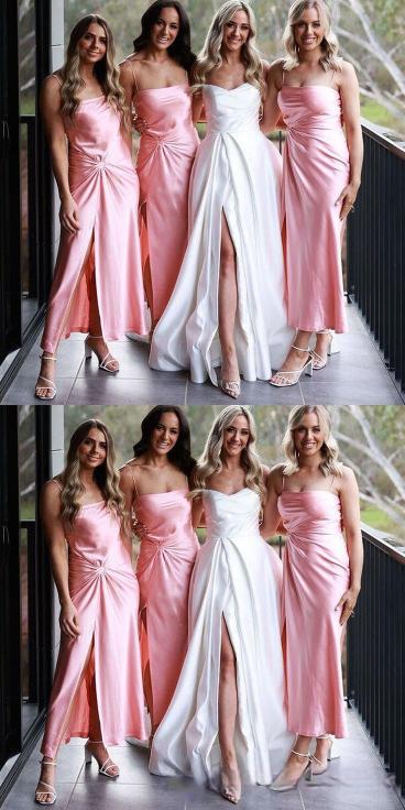 Elegant Pink Mermaid Spaghetti Straps Square Side Slit Cheap Popular Long Wedding Party Bridesmaid Dresses Online, CP259