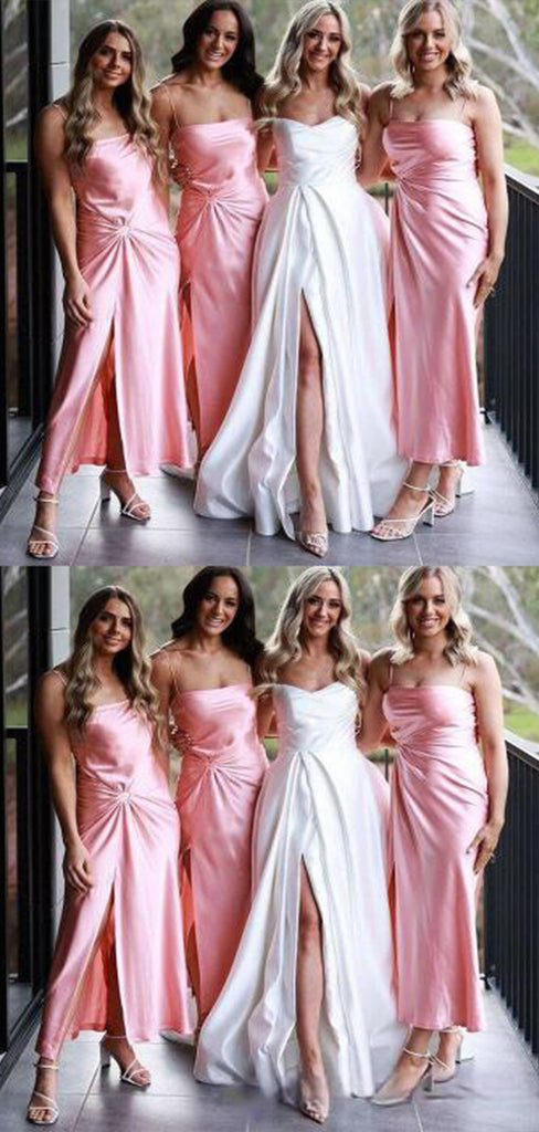 Elegant Pink Mermaid Spaghetti Straps Square Side Slit Cheap Popular Long Wedding Party Bridesmaid Dresses Online, CP259