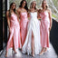 Elegant Pink Mermaid Spaghetti Straps Square Side Slit Cheap Popular Long Wedding Party Bridesmaid Dresses Online, CP259