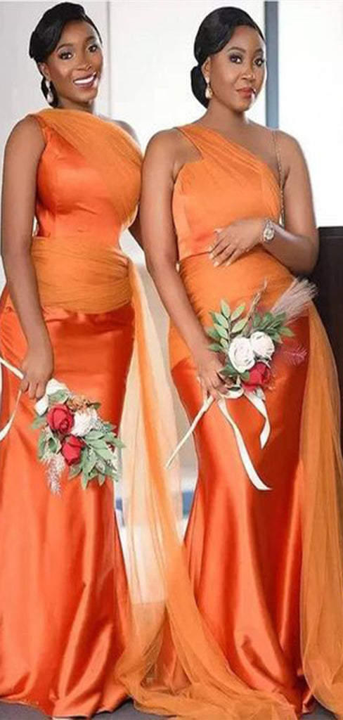 Unique Orange Mermaid One Shoulder Sleeveless Cheap Popular Long Wedding Party Bridesmaid Dresses Online, CP265