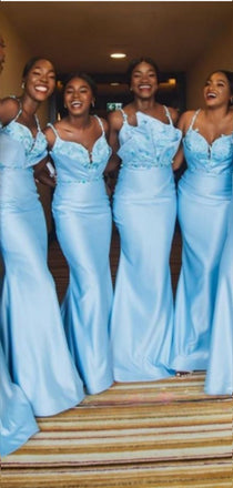 Elegant Blue Mermaid Spaghetti Straps Applique Beaded Cheap Popular Long Wedding Party Bridesmaid Dresses Online, CP270