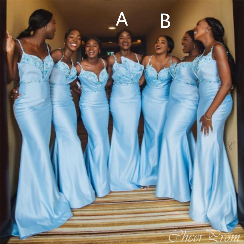 Elegant Blue Mermaid Spaghetti Straps Applique Beaded Cheap Popular Long Wedding Party Bridesmaid Dresses Online, CP270