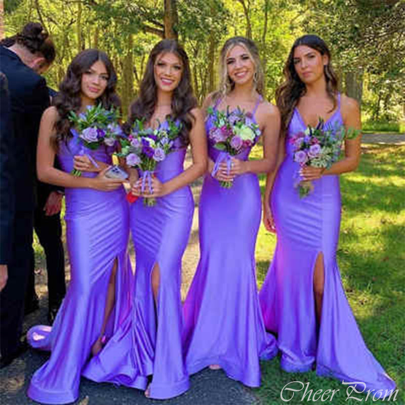 Charming Lavender Mermaid Spaghetti Straps V Neck Sleeveless Side Slit Cheap Popular Long Wedding Party Bridesmaid Dresses Online, CP274