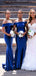 Charming Blue Mermaid Off Shoulder Square Sleeveless Cheap Popular Long Wedding Party Bridesmaid Dresses Online, CP278