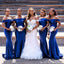 Charming Blue Mermaid Off Shoulder Square Sleeveless Cheap Popular Long Wedding Party Bridesmaid Dresses Online, CP278