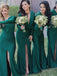 Charming Emerald Mermaid V Neck Full Sleeve Side Slit Cheap Popular Long Wedding Party Bridesmaid Dresses Online, CP286