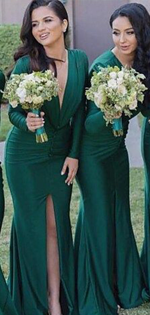 Charming Emerald Mermaid V Neck Full Sleeve Side Slit Cheap Popular Long Wedding Party Bridesmaid Dresses Online, CP286