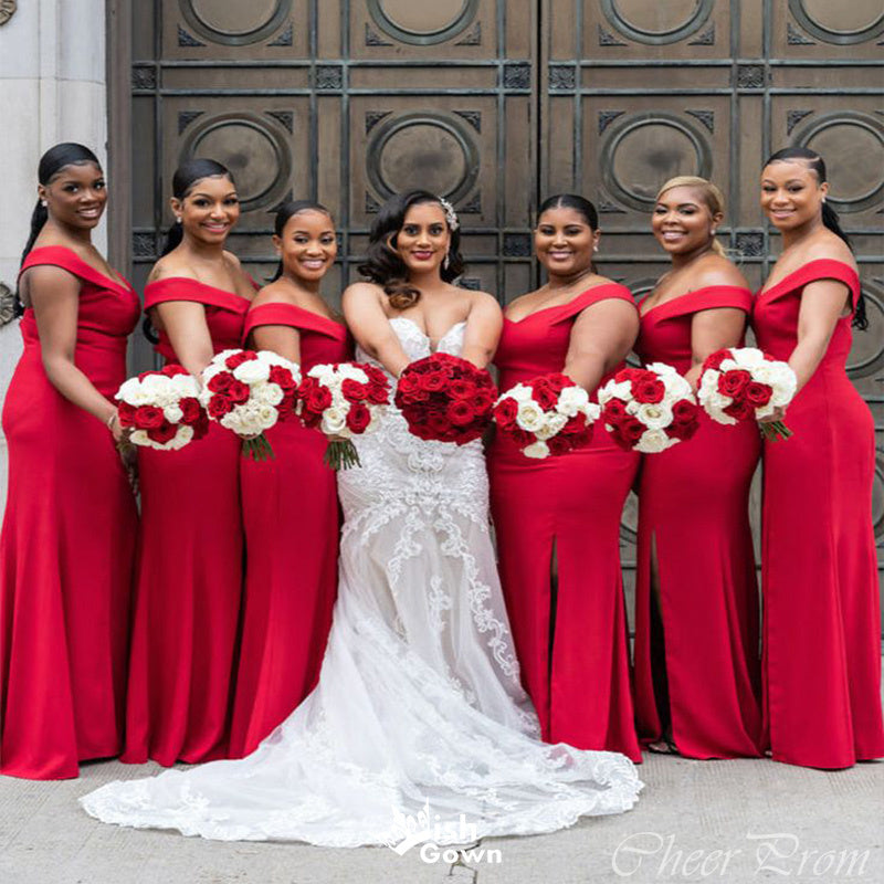 Unique Red Mermaid Off Shoulder V Neck Sleeveless Cheap Popular Long Wedding Party Bridesmaid Dresses Online, CP292