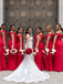 Unique Red Mermaid Off Shoulder V Neck Sleeveless Cheap Popular Long Wedding Party Bridesmaid Dresses Online, CP292