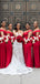 Unique Red Mermaid Off Shoulder V Neck Sleeveless Cheap Popular Long Wedding Party Bridesmaid Dresses Online, CP292