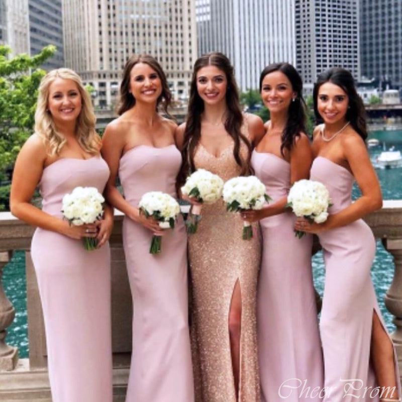 Sexy Pink Mermaid Strapless Sleeveless Side Slit Cheap Popular Long Wedding Party Bridesmaid Dresses Online, CP294