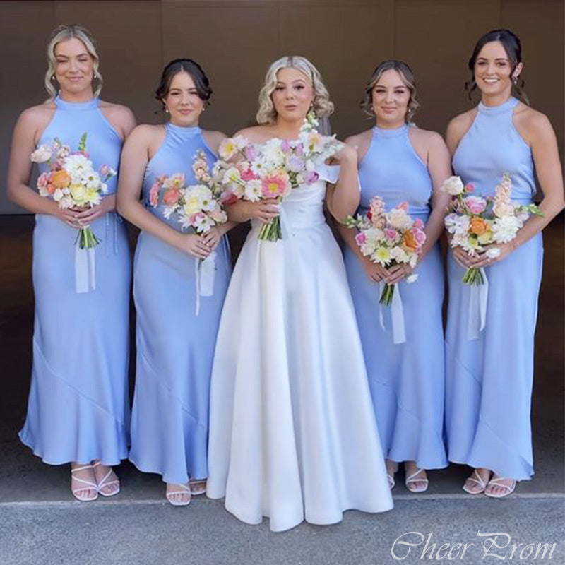 Elegant Blue Mermaid Halter Sleeveless Cheap Popular Long Wedding Party Bridesmaid Dresses Online, CP300