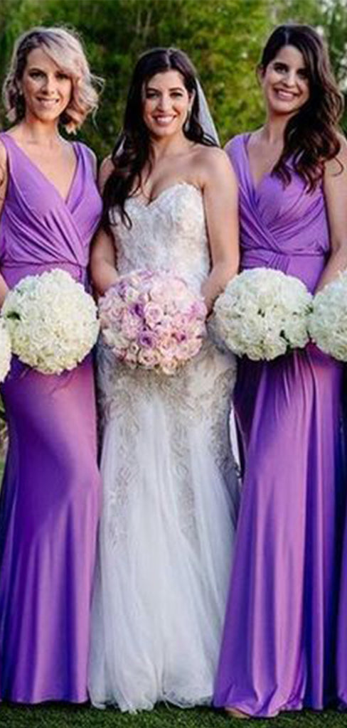 Elegant Purple Straps V Neck Sleeveless Cheap Popular Long Wedding Party Bridesmaid Dresses Online, CP304