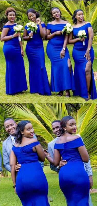 Elegant Royal Blue Mermaid Off Shoulder Sleeveless Side Slit Cheap Popular Long Wedding Party Bridesmaid Dresses Online, CP308