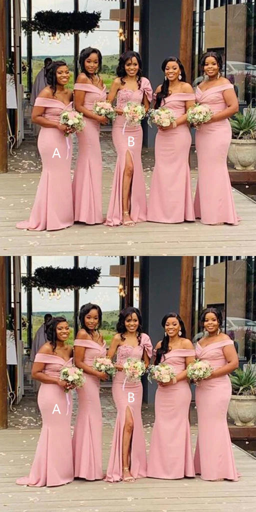 Mismatched Pink Mermaid Side Slit Off Shoulder Cheap Long Bridesmaid Dresses Online,CP35