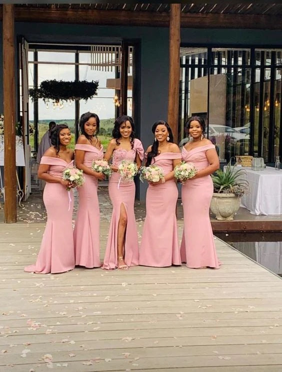 Mismatched Pink Mermaid Side Slit Off Shoulder Cheap Long Bridesmaid Dresses Online,CP35