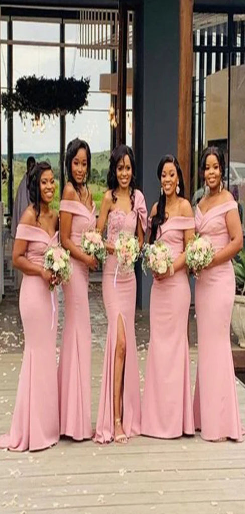 Mismatched Pink Mermaid Side Slit Off Shoulder Cheap Long Bridesmaid Dresses Online,CP35