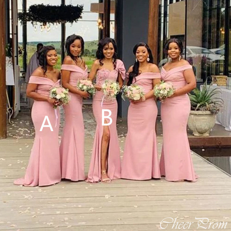 Mismatched Pink Mermaid Side Slit Off Shoulder Cheap Long Bridesmaid Dresses Online,CP35