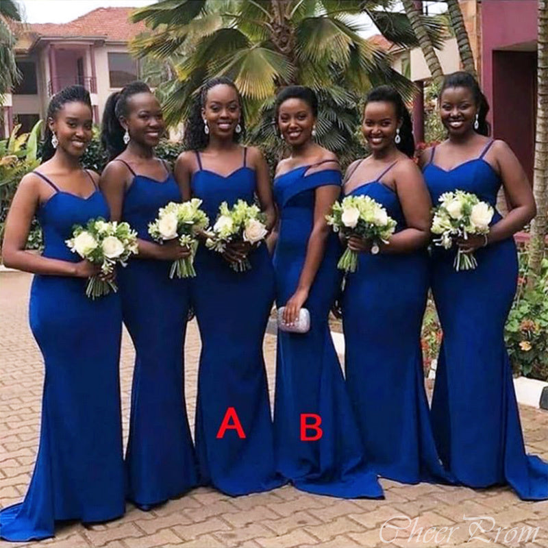 Mismatched Dark Blue Mermaid Spaghetti Strap Sleeveless Cheap Popular Long Wedding Party Bridesmaid Dresses Online, CP309