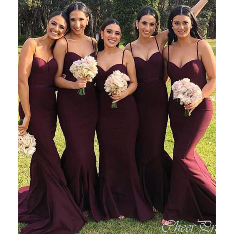 Sexy Dark Red Mermaid Spaghetti Straps Sweetheart Sleeveless Cheap Popular Long Wedding Party Bridesmaid Dresses Online, CP318