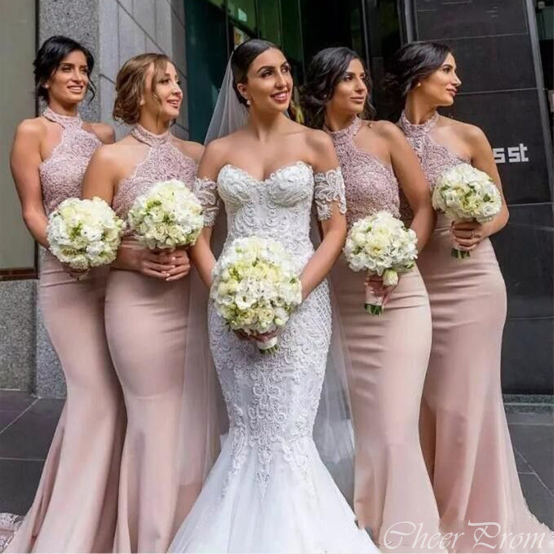 Elegant Mermaid Halter Sleeveless Applique Cheap Popular Long Wedding Party Bridesmaid Dresses Online, CP322