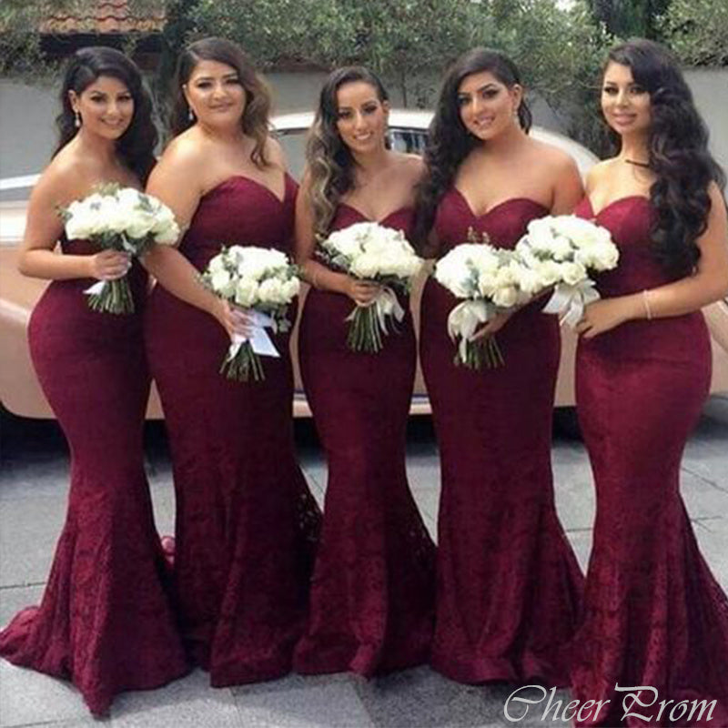 Sexy Burgundy Mermaid Sweetheart Lace Cheap Popular Long Wedding Party Bridesmaid Dresses Online, CP326