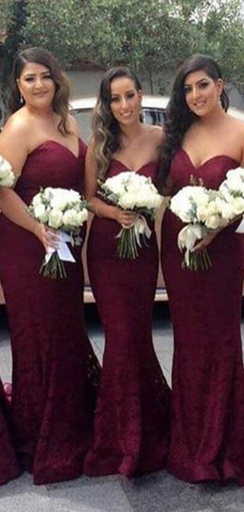 Sexy Burgundy Mermaid Sweetheart Lace Cheap Popular Long Wedding Party Bridesmaid Dresses Online, CP326