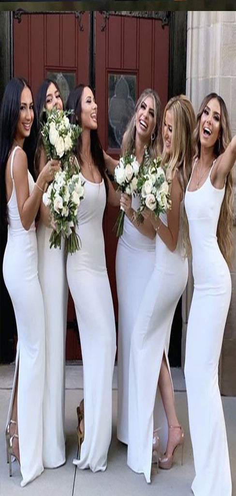 Sexy White Mermaid Spaghetti Straps With Slit Cheap Maxi Long Bridesmaid Dresses Online,CP37