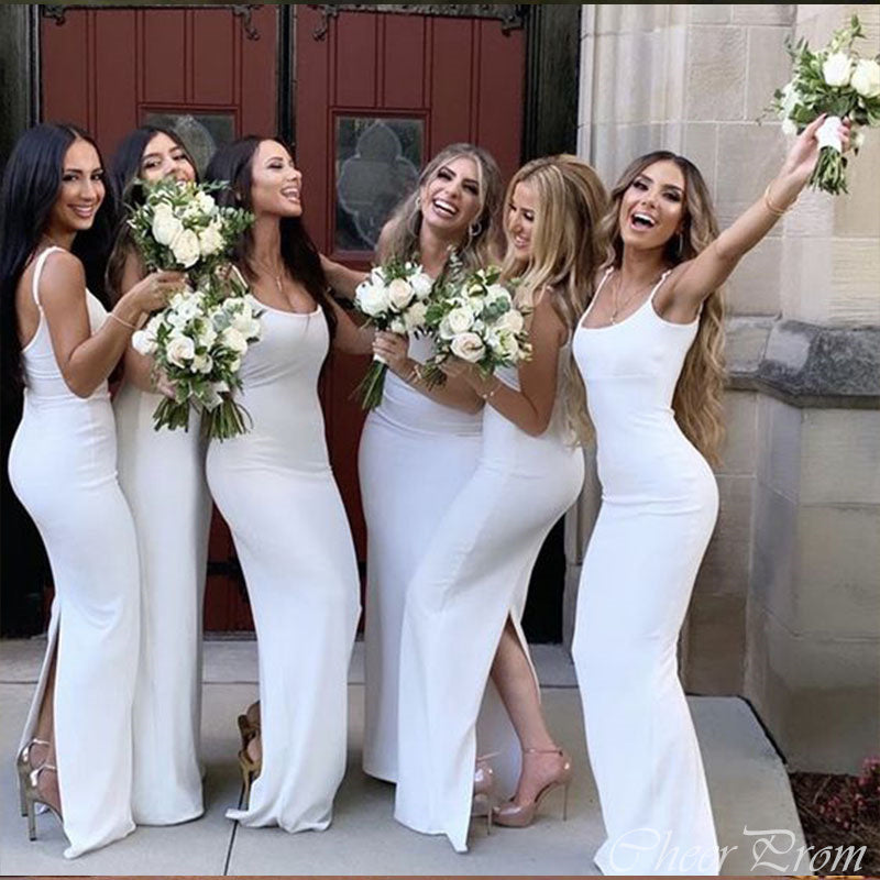 Sexy White Mermaid Spaghetti Straps With Slit Cheap Maxi Long Bridesmaid Dresses Online,CP37