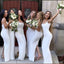 Sexy White Mermaid Spaghetti Straps With Slit Cheap Maxi Long Bridesmaid Dresses Online,CP37