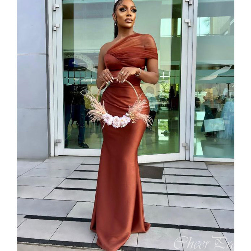 Sexy Brown Mermaid One Shoulder Sleeveless Cheap Popular Long Wedding Party Bridesmaid Dresses Online, CP329