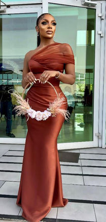 Sexy Brown Mermaid One Shoulder Sleeveless Cheap Popular Long Wedding Party Bridesmaid Dresses Online, CP329