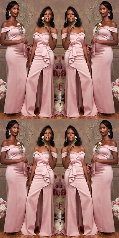 Gorgeous Pink Mermaid Off Shoulder Sweetheart Sleeveless Side Slit Cheap Popular Long Wedding Party Bridesmaid Dresses Online, CP330