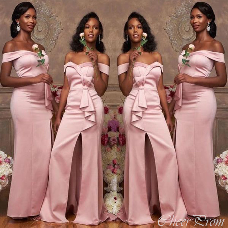 Gorgeous Pink Mermaid Off Shoulder Sweetheart Sleeveless Side Slit Cheap Popular Long Wedding Party Bridesmaid Dresses Online, CP330