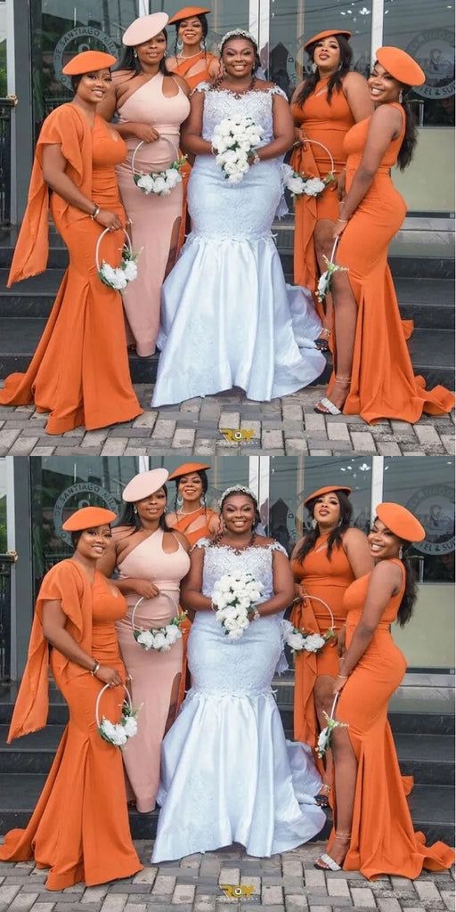 Unique Orange Mermaid One Shoulder Sleeveless Side Slit Cheap Popular Long Wedding Party Bridesmaid Dresses Online, CP331