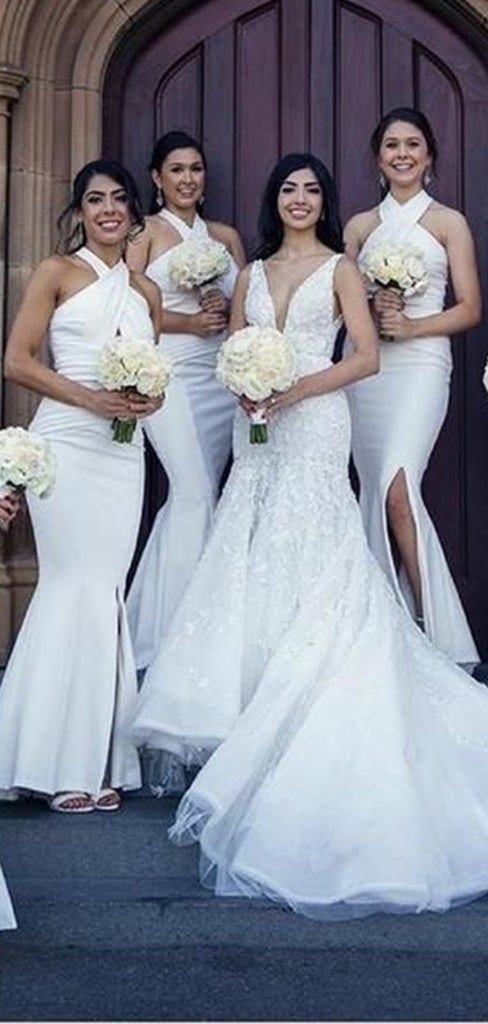 Elegant White Mermaid Halter Sleeveless Side Slit Cheap Popular Long Wedding Party Bridesmaid Dresses Online, CP334