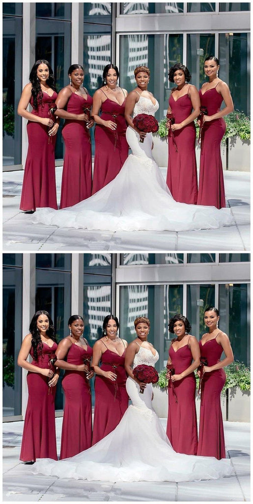 Sexy Dark Red Mermaid Spaghetti Straps V Neck Sleeveless Cheap Popular Long Wedding Party Bridesmaid Dresses Online, CP343